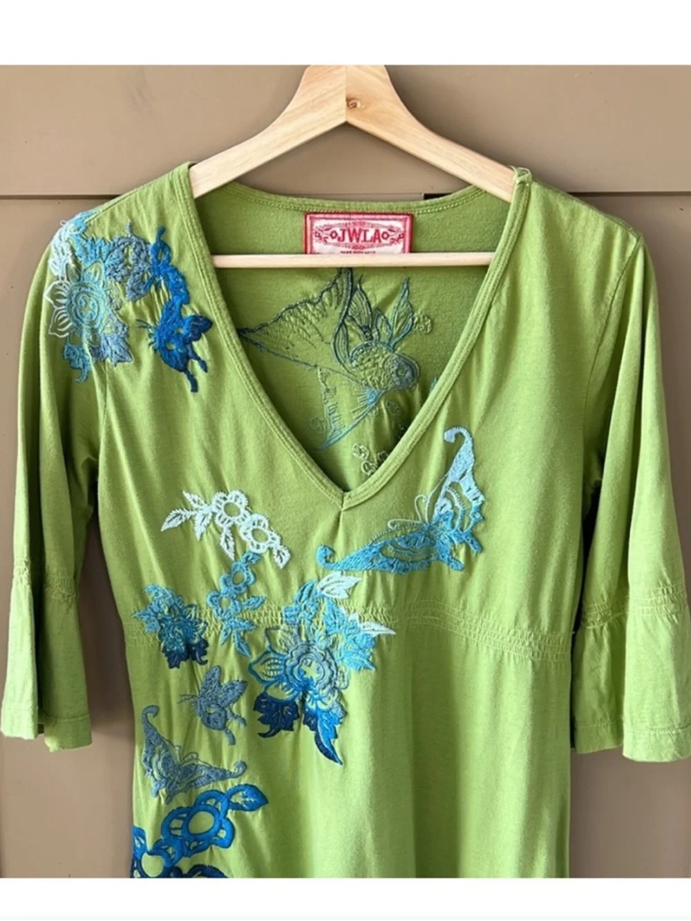 Johnny Was Green V-Neck Long Sleeve Tunic with Blue Floral Embroidery - Picture 2 of 8